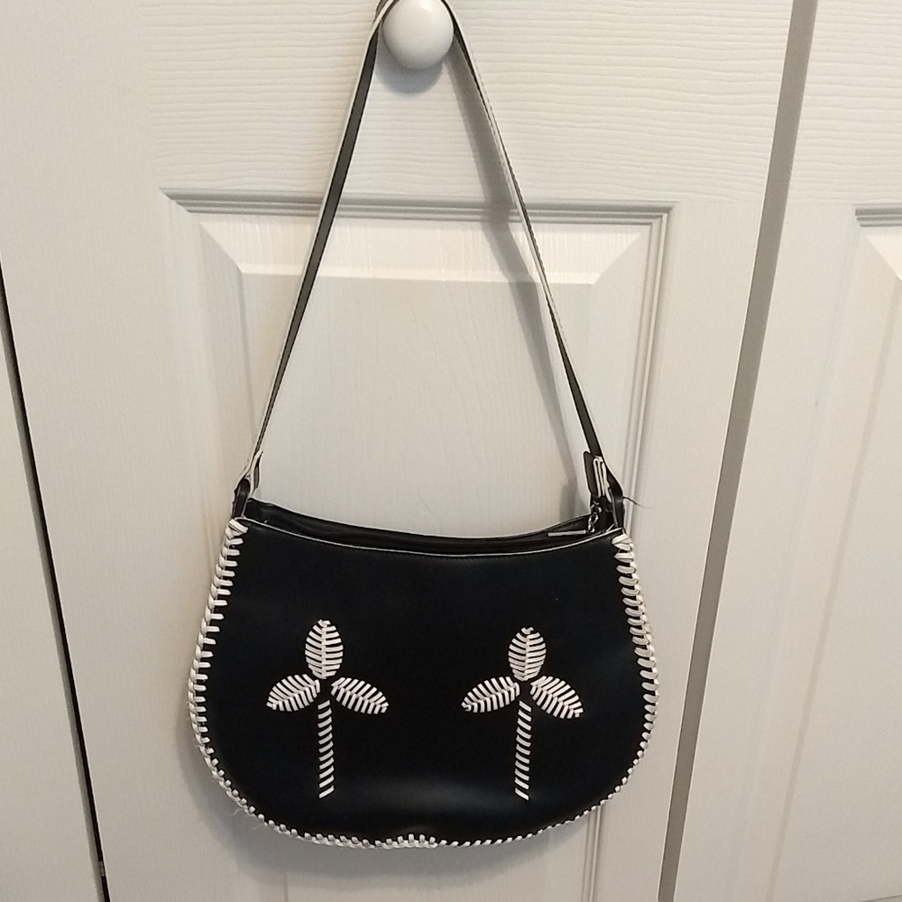 Womens MX Black White Quilted Faux Leather Satchel Shoulder Bag Palm Trees